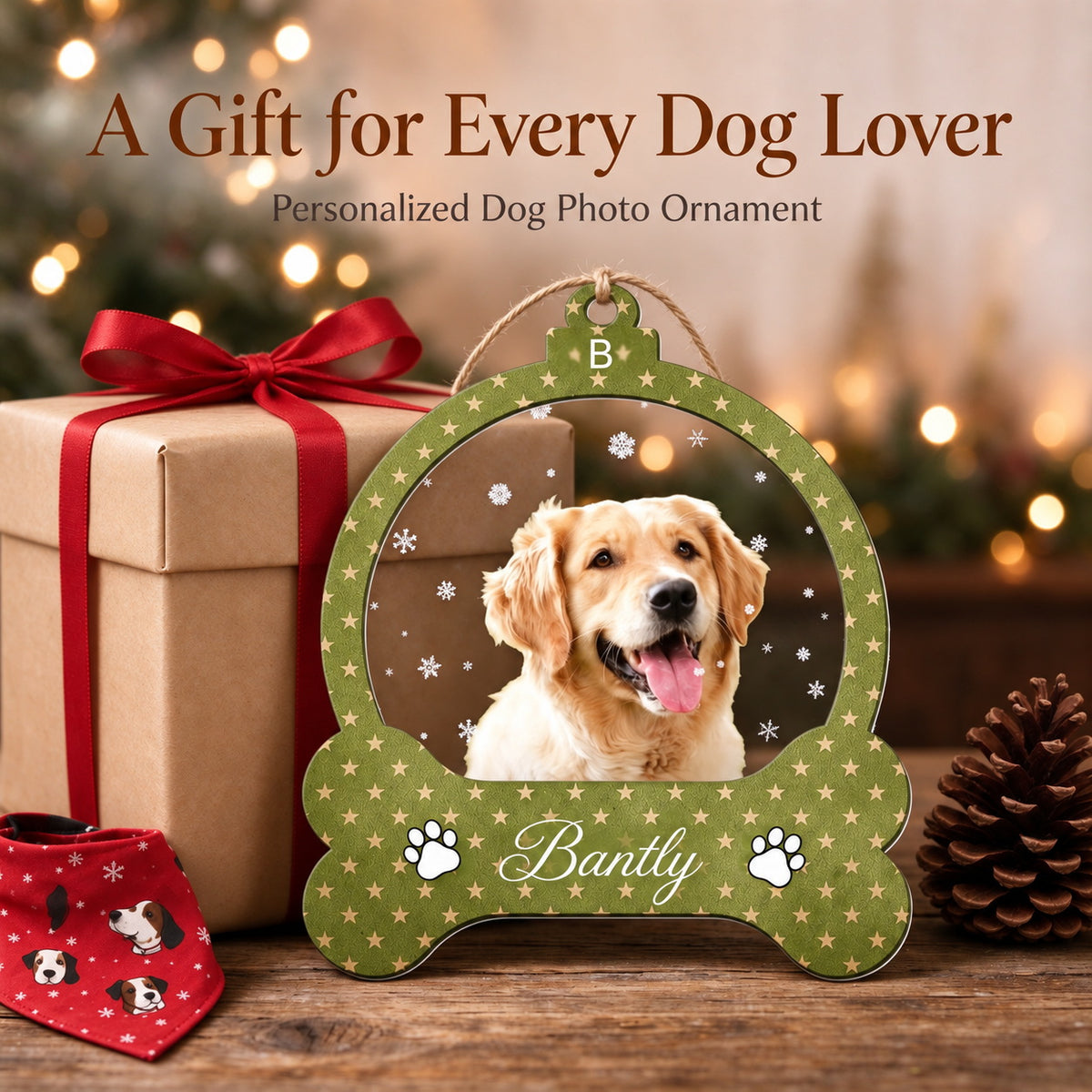 Personalized Dog Photo Christmas Ornament with Custom Name - centerpiece display