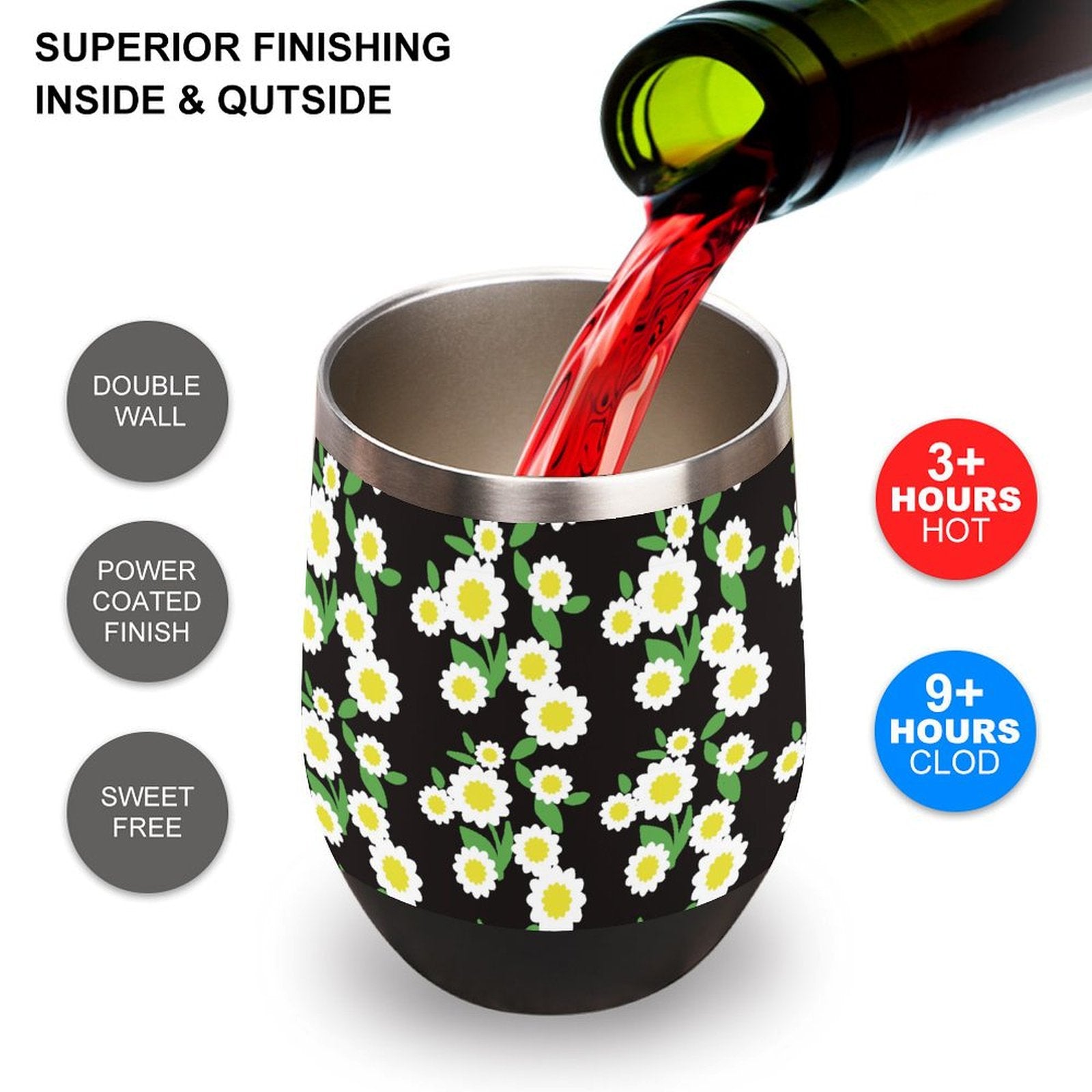 Double Wall Insulated Wine Cup keeps drinks hot for 3+ hours or cold 9+ hours.