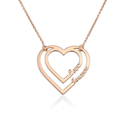 Personalized Double Heart Love Chain Necklace Sterling Silver or 18K Gold Plating Custom Made Jewelry Gift for Wife, Mom