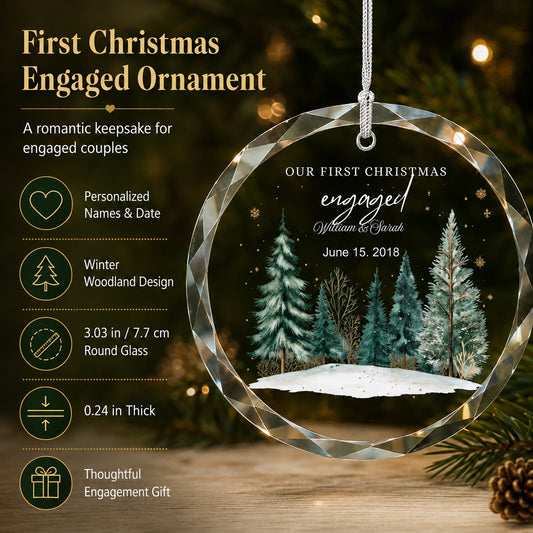 Our First Christmas Engaged Winter Forest Design personalized glass ornament personalized detail view