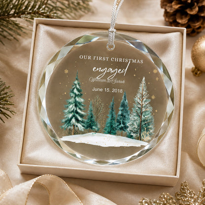 Our First Christmas Engaged Winter Forest Design personalized glass ornament gift box presentation