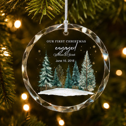 Our First Christmas Engaged Winter Forest Design personalized glass ornament Christmas tree display