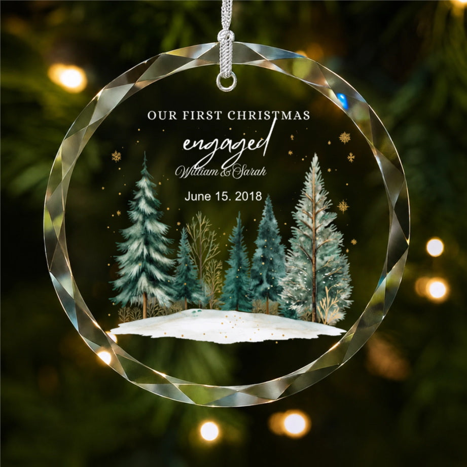 Our First Christmas Engaged Winter Forest Design personalized glass ornament main product view