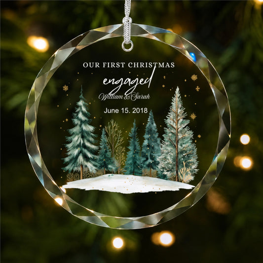 Our First Christmas Engaged Winter Forest Design personalized glass ornament main product view