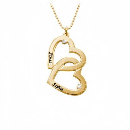 Engraved couple name and birthstone pendant necklace, symbolizing love and connection, set in gold.