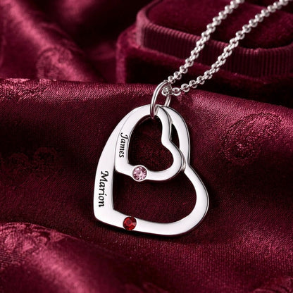 Personalized Engraved Double Heart Birthstone Silver Necklace Valentine Gift for Her