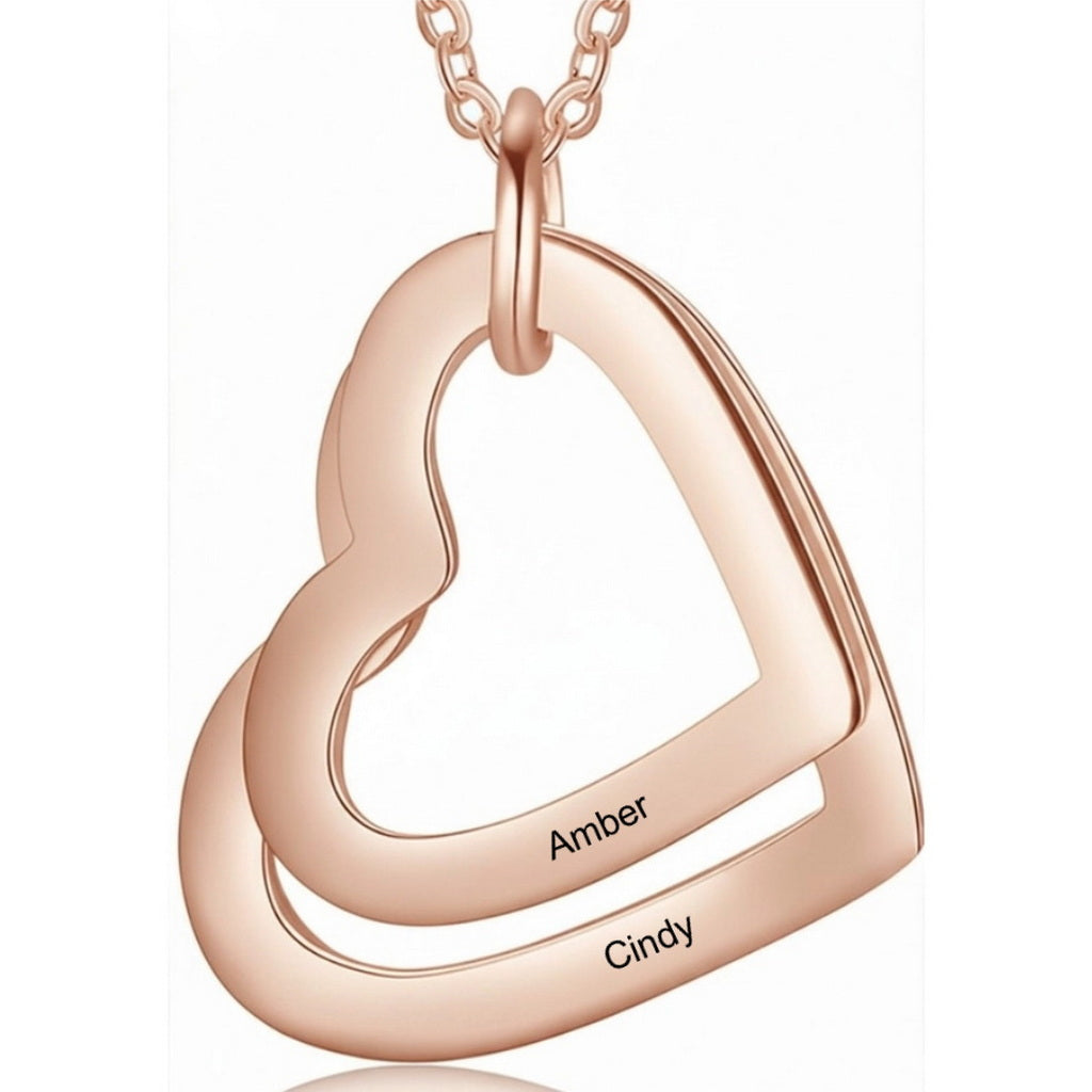 Rose gold double heart necklace with two engraved names.