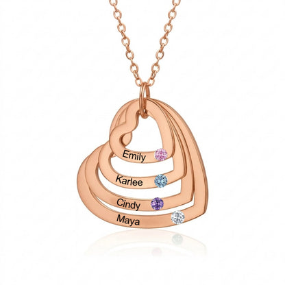 Personalized 925 Sterling Silver Heart Pendant Necklace with 2-4 Simulated Birthstones - Custom Engraved Family Name Jewelry, 18K Gold & Rose Gold Plated Gift for Mother, Grandmother, Daughter