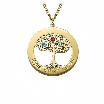Collier Arbre de Vie Personnalisé | Cadeau de Famille Gravé avec Nom et Pierre de Naissance