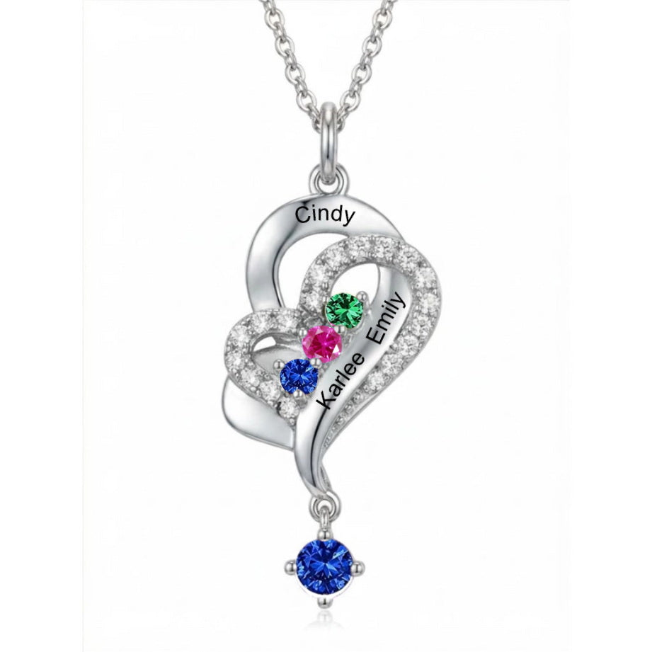 Silver heart charm engraved with Cindy, Karlee, Emily