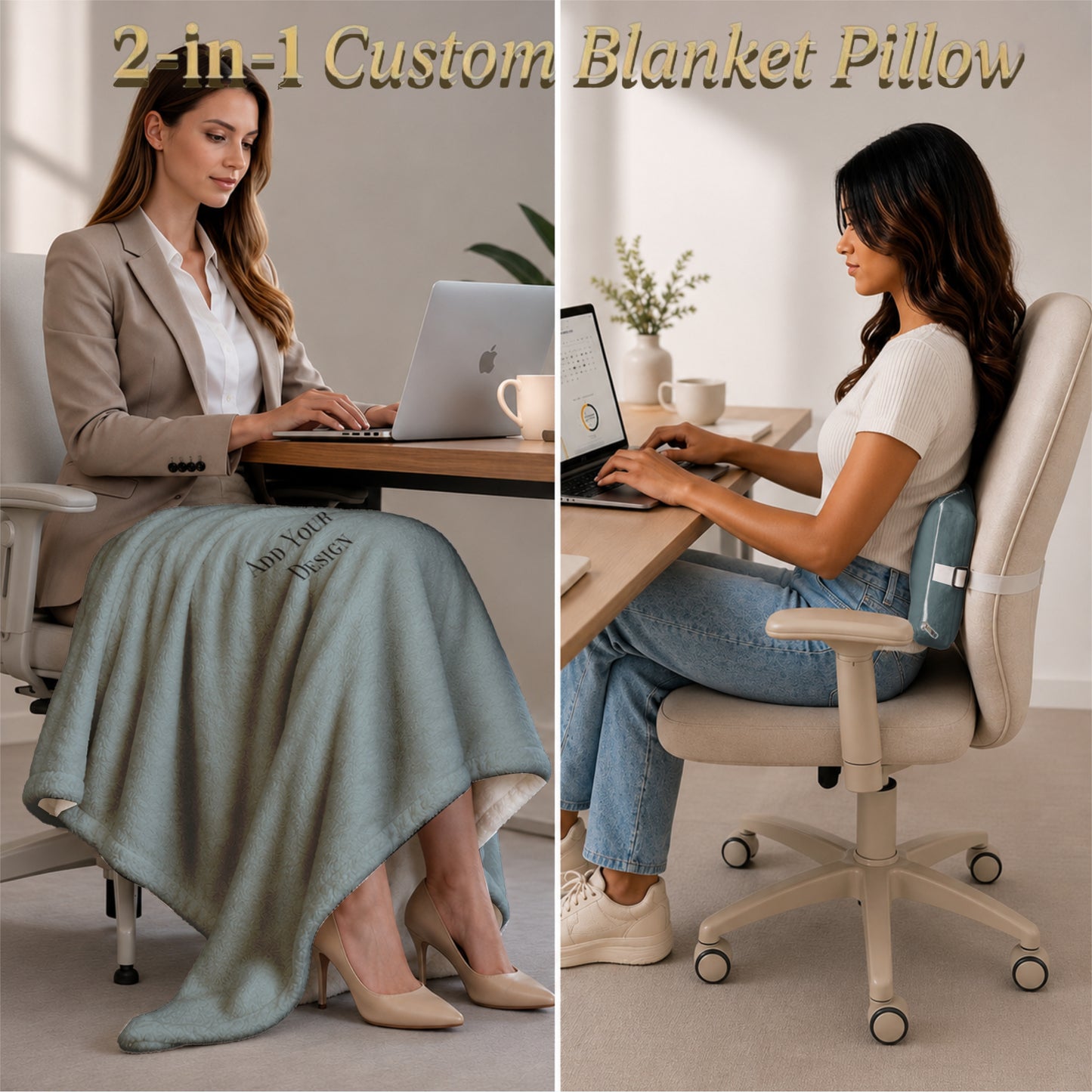 Custom logo blanket used as lap throw and lumbar support.