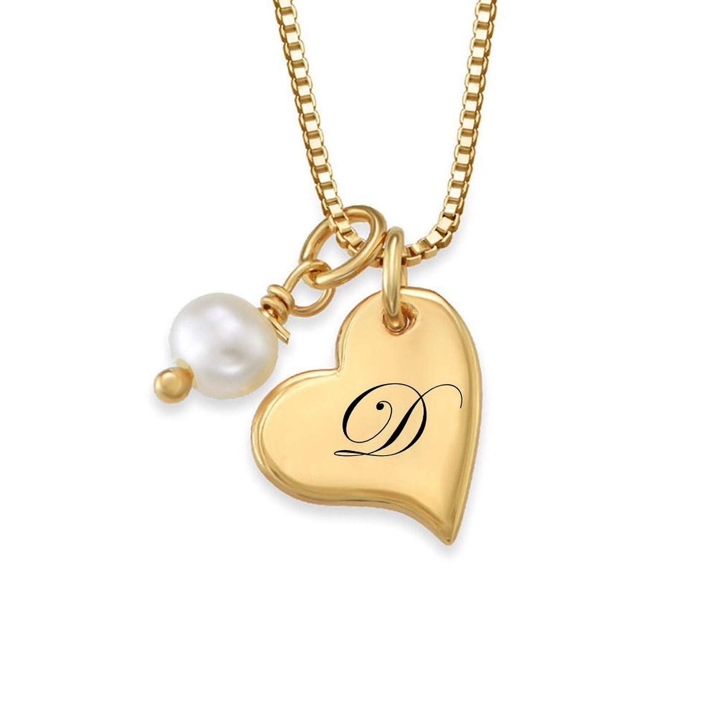 Personalized Sterling Silver 18K Gold Plated Simple ABC Heart Necklace with Pearl , Custom Block Letter Alphabet Heart Initial Necklace For Women