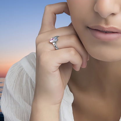 Personalized 925 Sterling Silver Ring Heart Shaped Birthstone Ring with Engraved Names for Woman Custom Gift Jewelry for Mother for Her