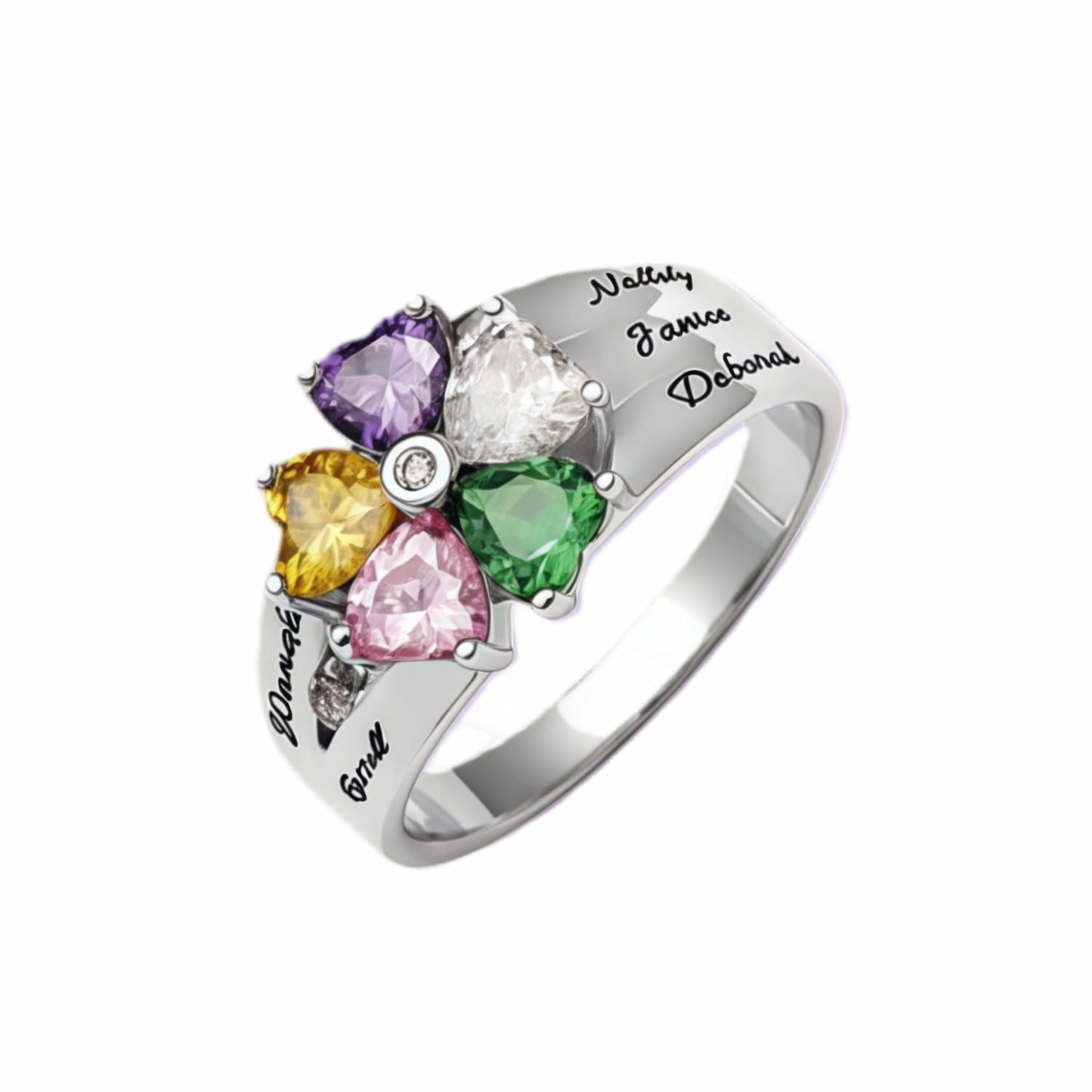 Custom 5 heart birthstone family ring with engraved names.