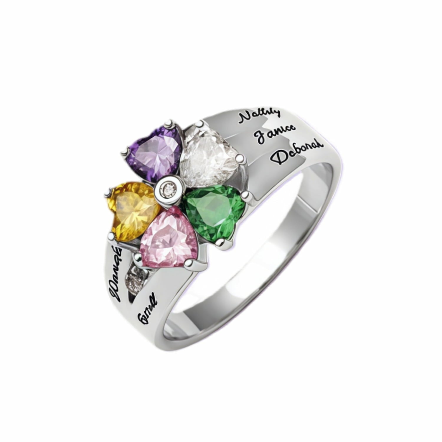 Custom 5 heart birthstone family ring with engraved names.
