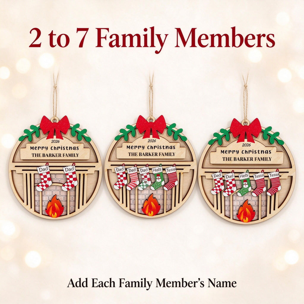 Personalized Family Christmas Ornament with Names, Stockings and Fireplace - main product view