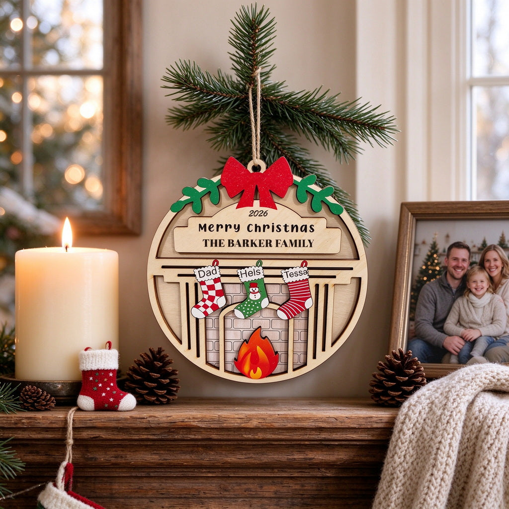 Personalized Family Christmas Ornament with Names, Stockings and Fireplace - size or option details