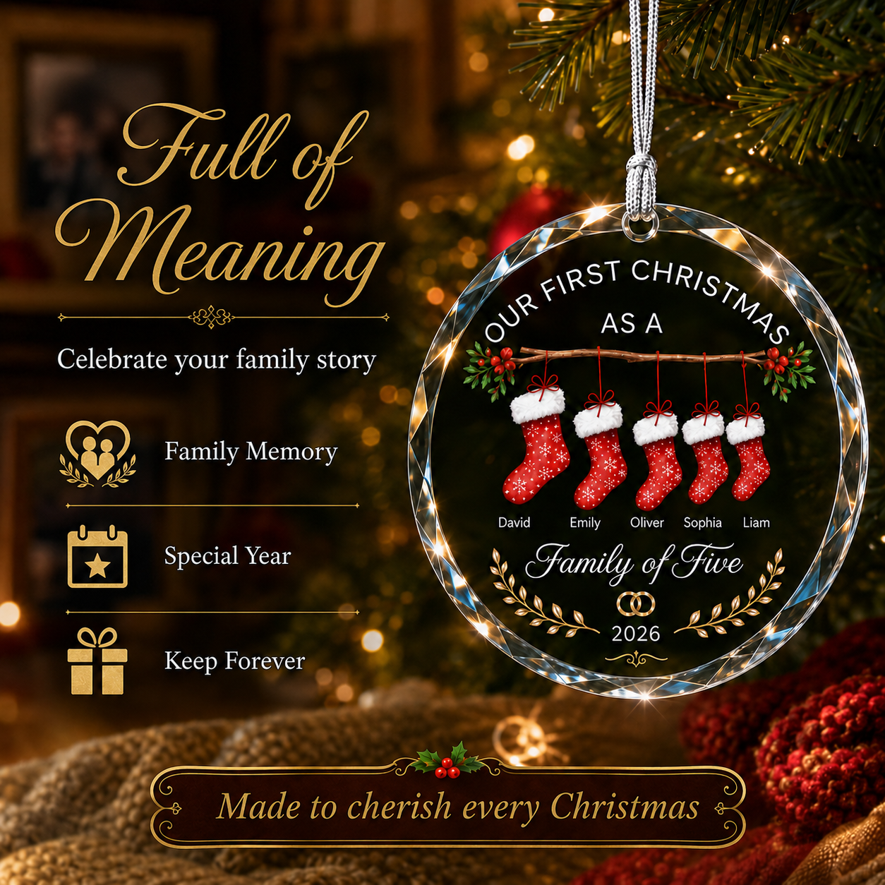 Personalized family Christmas glass ornament with custom names - family memory Christmas tree scene