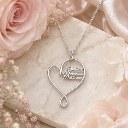 Personalized Family Name Heart Necklace with Custom Script Names