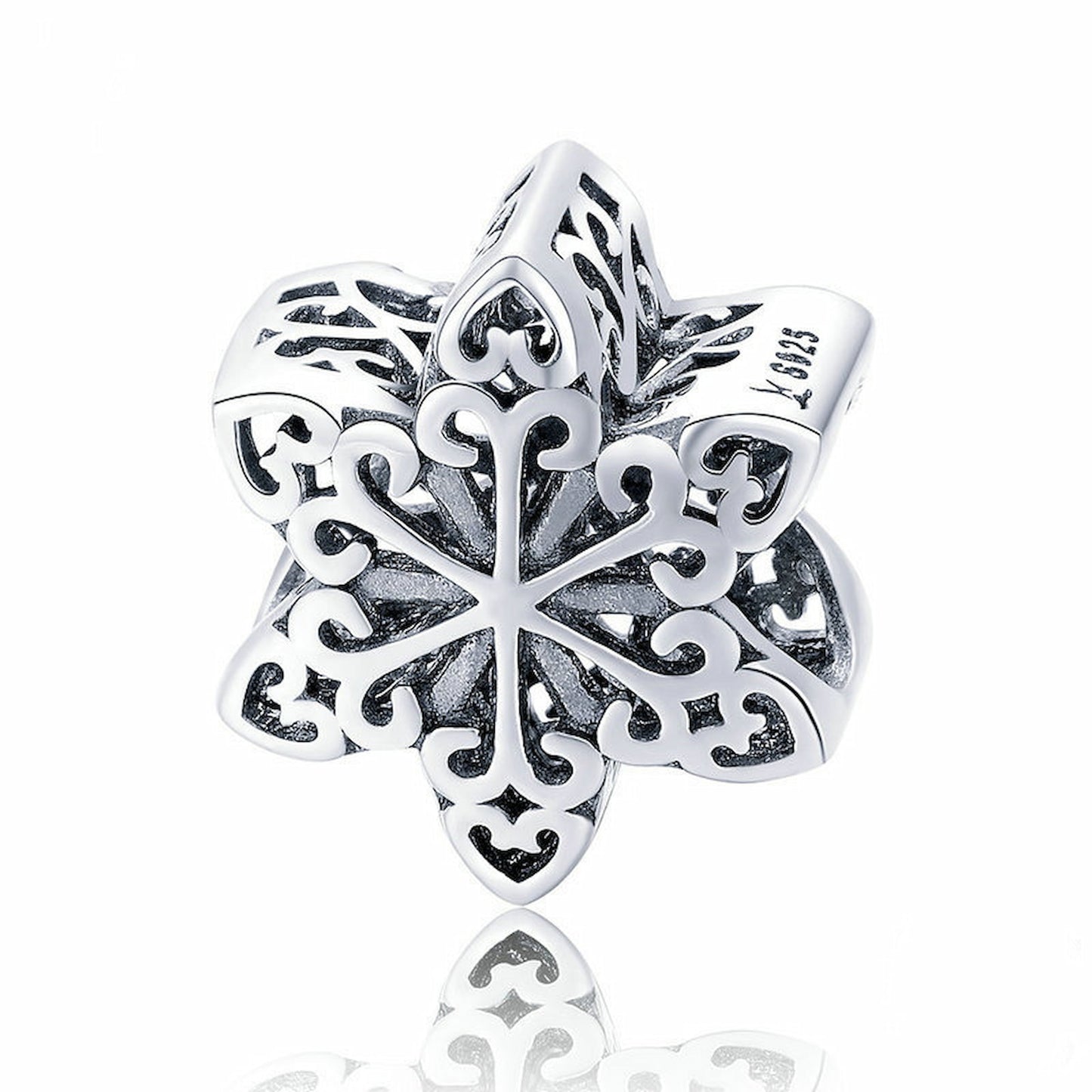 Filigree Snowflake Charm Bead, Sterling Silver, Elegant Winter Design.
