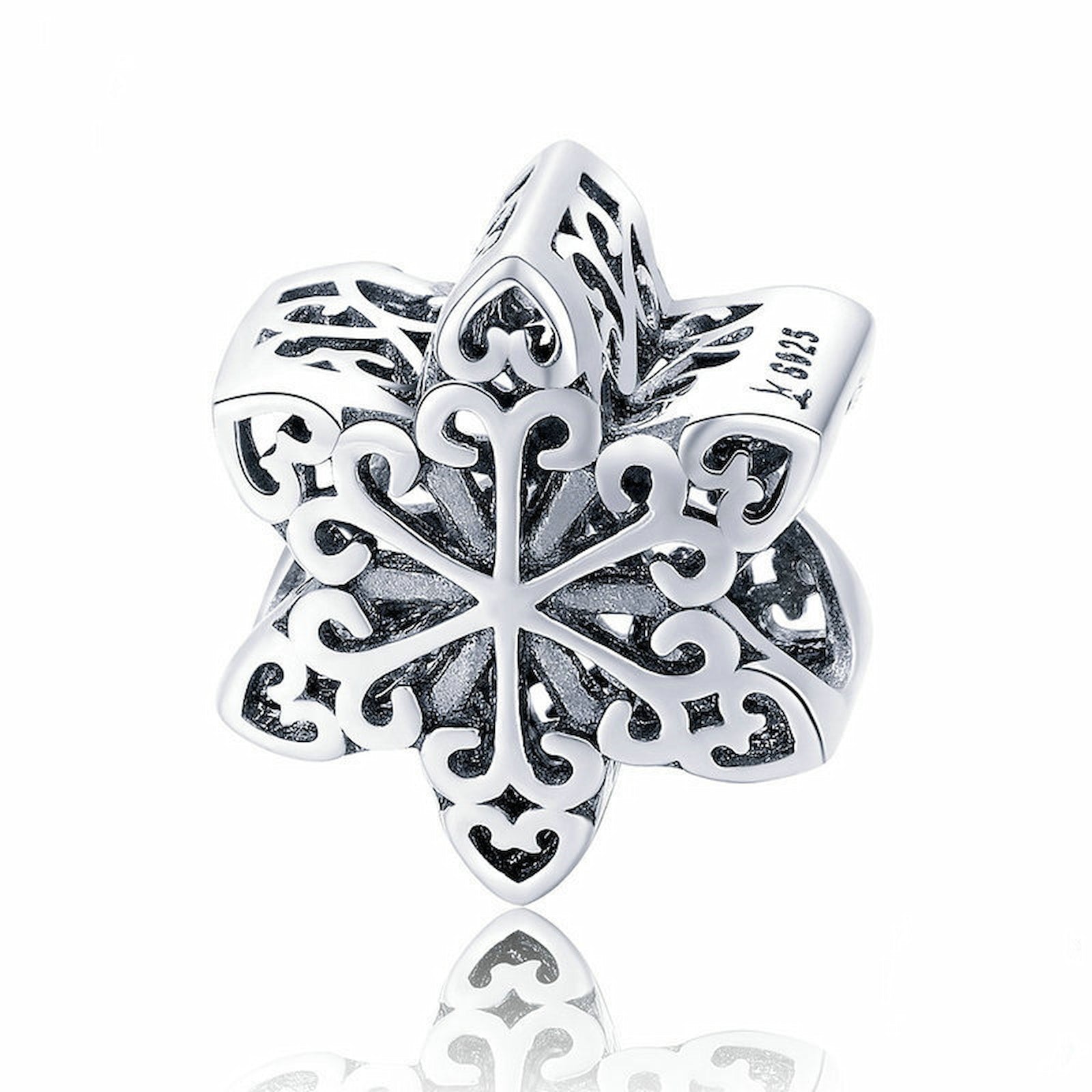 Filigree Snowflake Charm Bead, Sterling Silver, Elegant Winter Design.