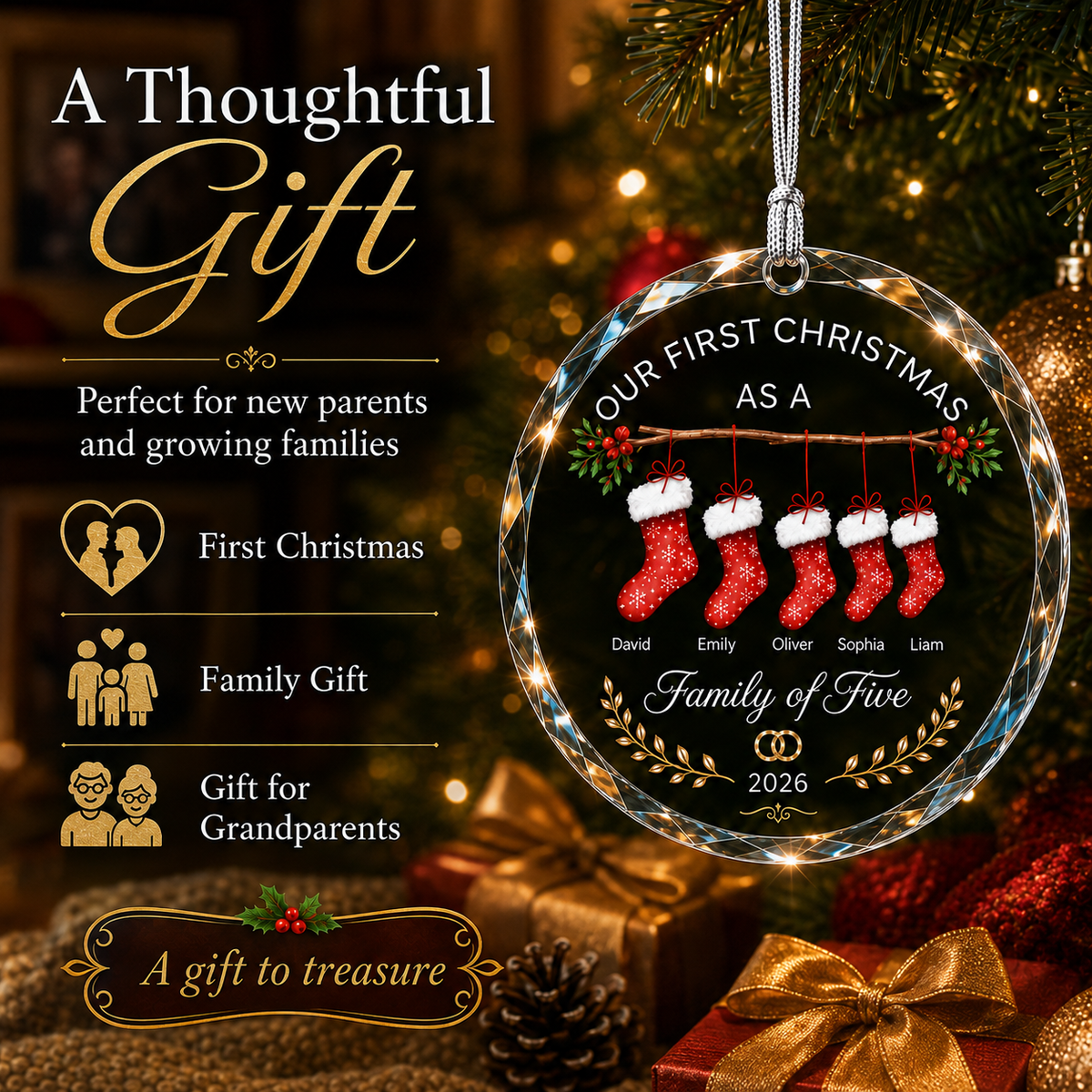 Personalized family Christmas glass ornament with custom names - thoughtful gift scene