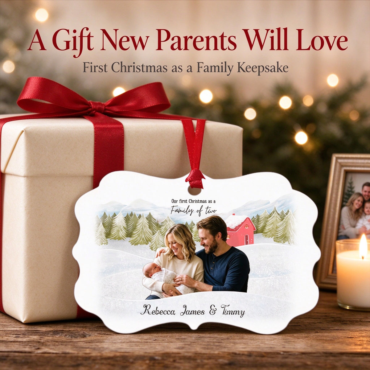Personalized First Christmas as a Family Ornament with Custom Family Photo and Names - centerpiece display