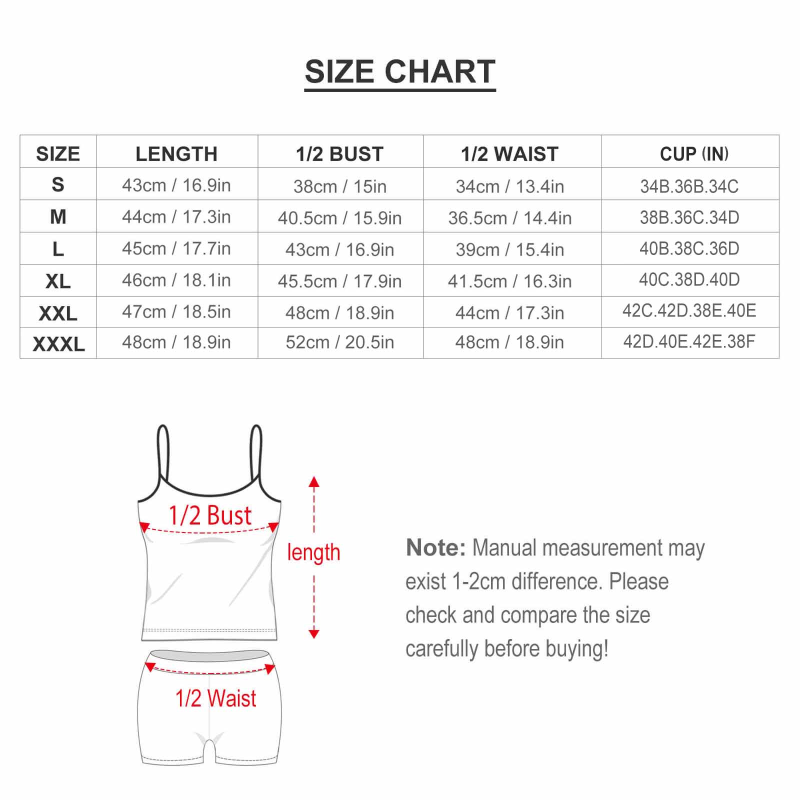 Sizing Chart and detailed measurements for the Custom Printed Tankini, including BUST, WAIST, and CUP (in).