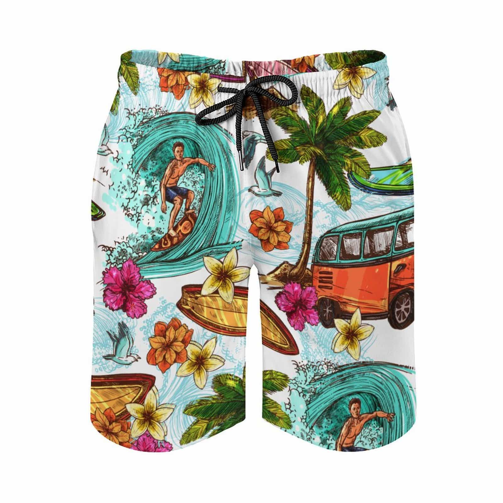Back flat lay of men's personalized beach shorts with pockets. Surf print design.