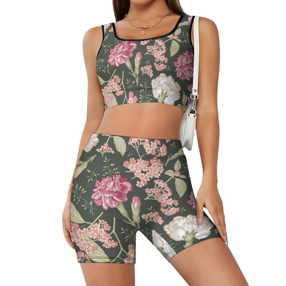 Floral print 2 piece workout set for women: sports bra & high waisted biker shorts.