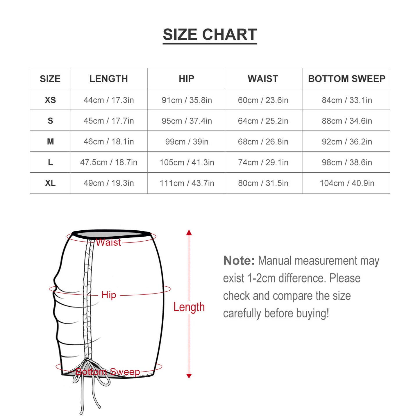 Size chart for women's floral beach sarong wrap skirt.