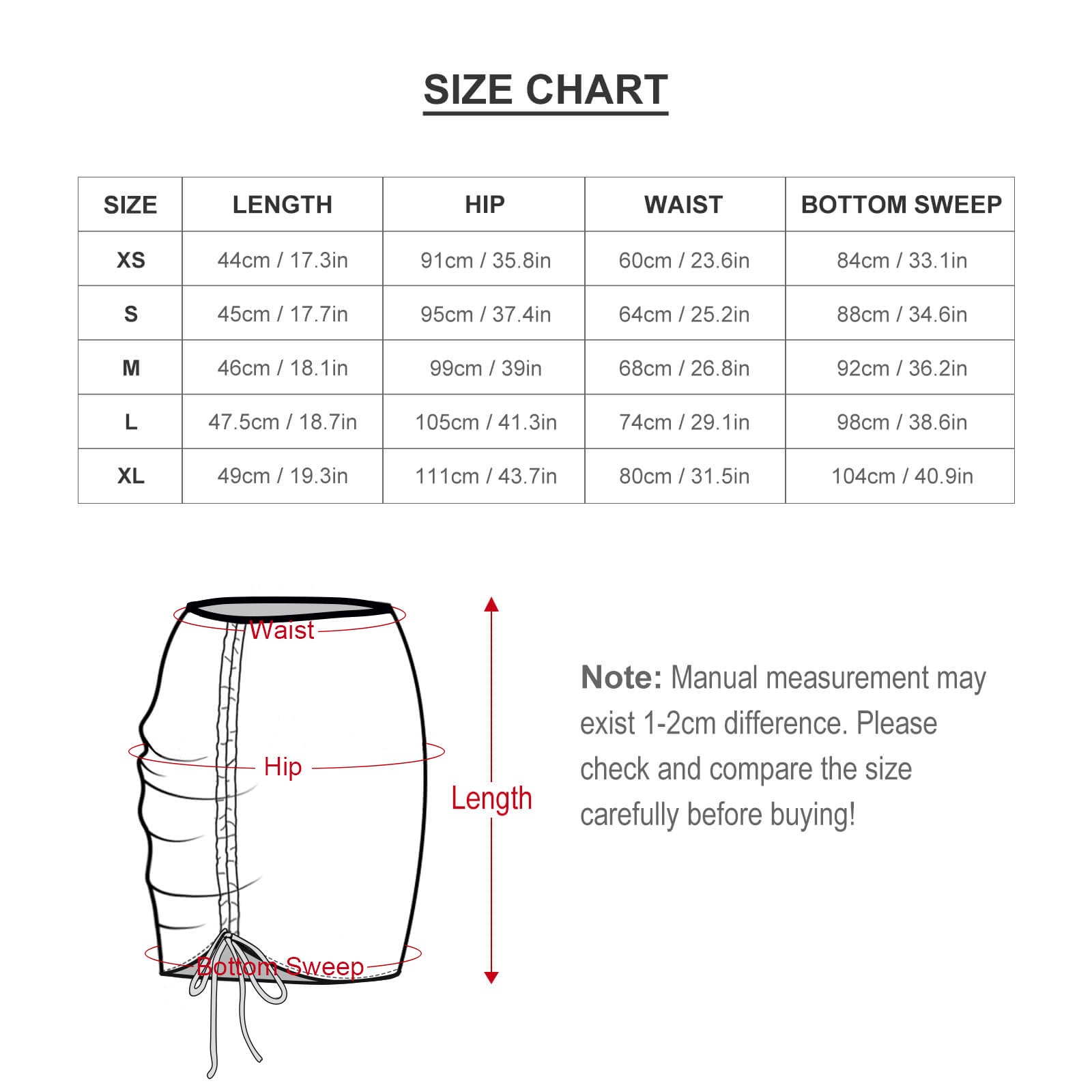 Size chart for women's floral beach sarong wrap skirt.
