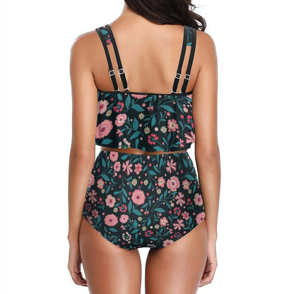 Back view of floral two piece swimsuit; adjustable straps, high-waisted bottom.