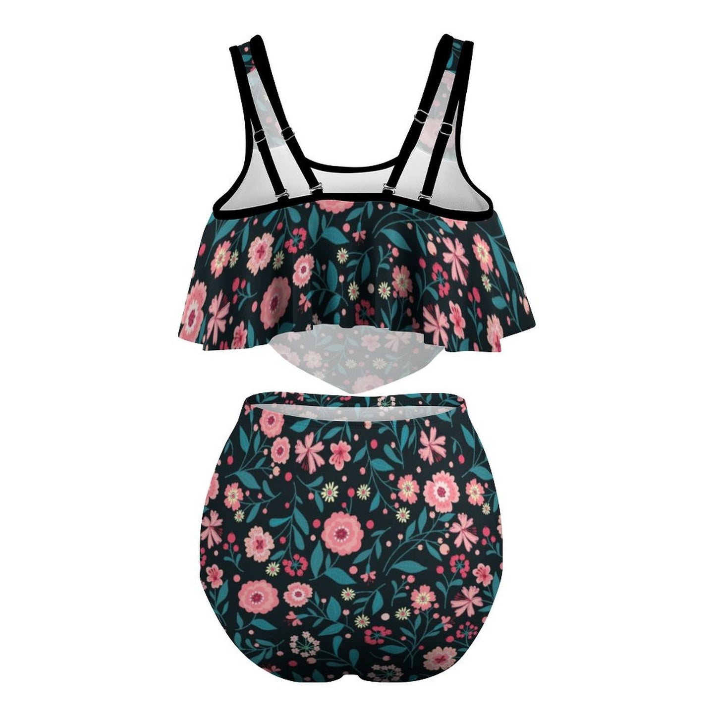 Back flat lay of flounce bikini set with cut-out top and ruched high-waisted bottom.