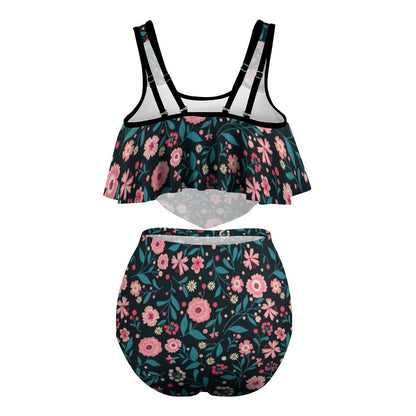 Back flat lay of flounce bikini set with cut-out top and ruched high-waisted bottom.