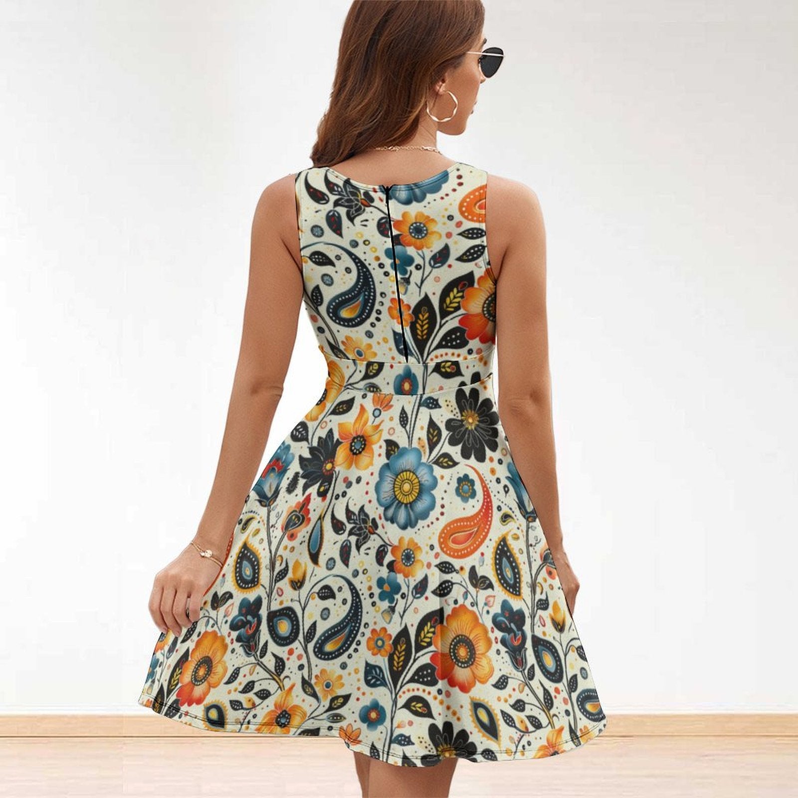 Back view of the Casual Flowy Mini Sundress, showing the round neck and zipper.