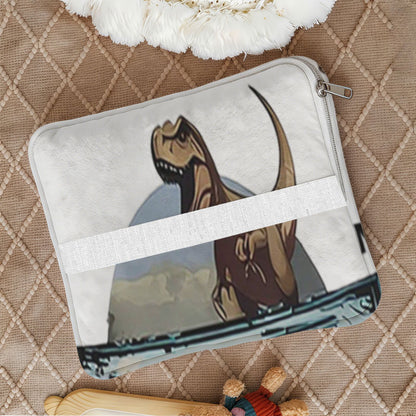Folded dinosaur pillow with a zipper and white strap.