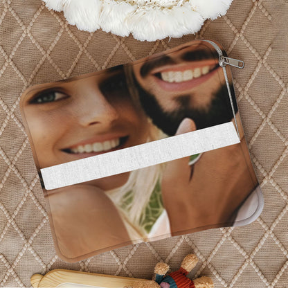 Folded custom photo pillow with zipper and carrying strap.
