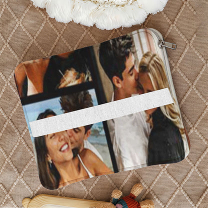 Foldable photo blanket tucked into a zippered cushion.
