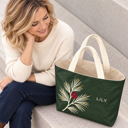 Personalized Forest Green Pine and Berry Tote Bag with Custom Name showing the paper-like exterior and interior view
