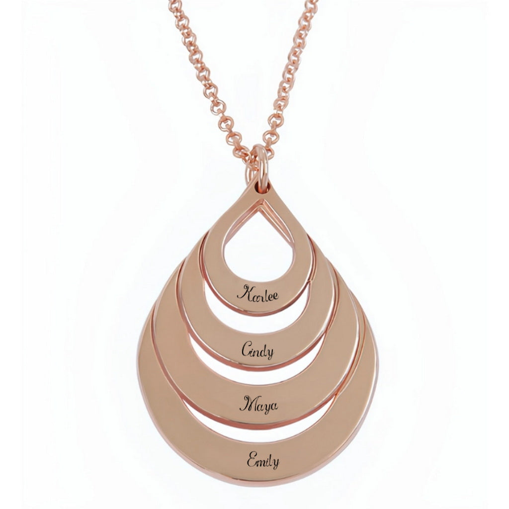 Four-tier rose gold teardrop necklace with family names.