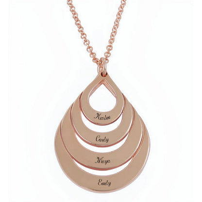 Four-tier rose gold teardrop necklace with family names.