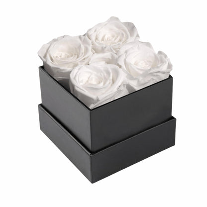 Four White Preserved Roses In Black Gift Box.