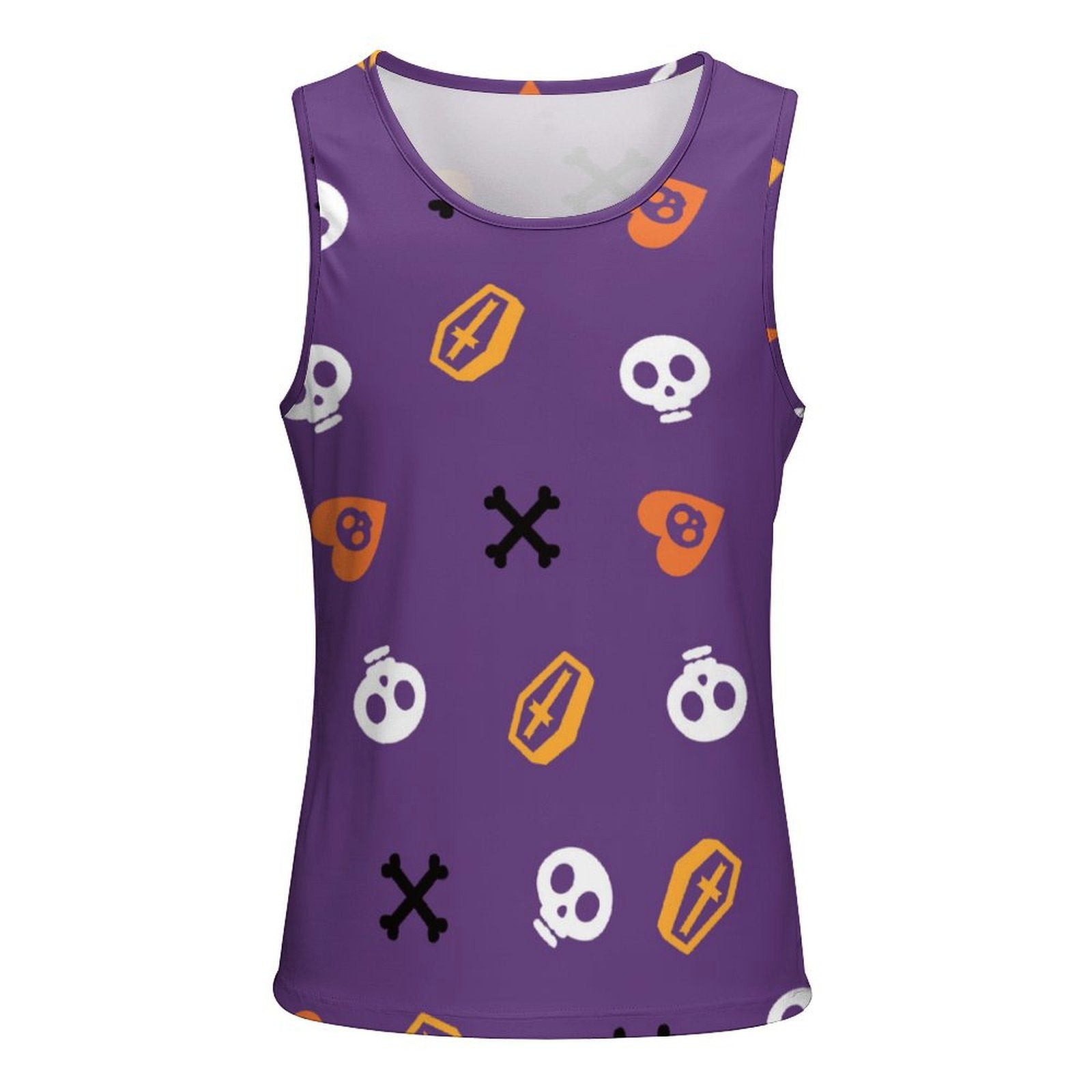 Full Print Men's Sleeveless Tank Top. Purple Halloween coffin skull design.