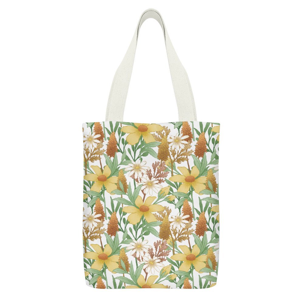Full Print Canvas Tote Bag in floral pattern, perfect for eco-friendly shopping.