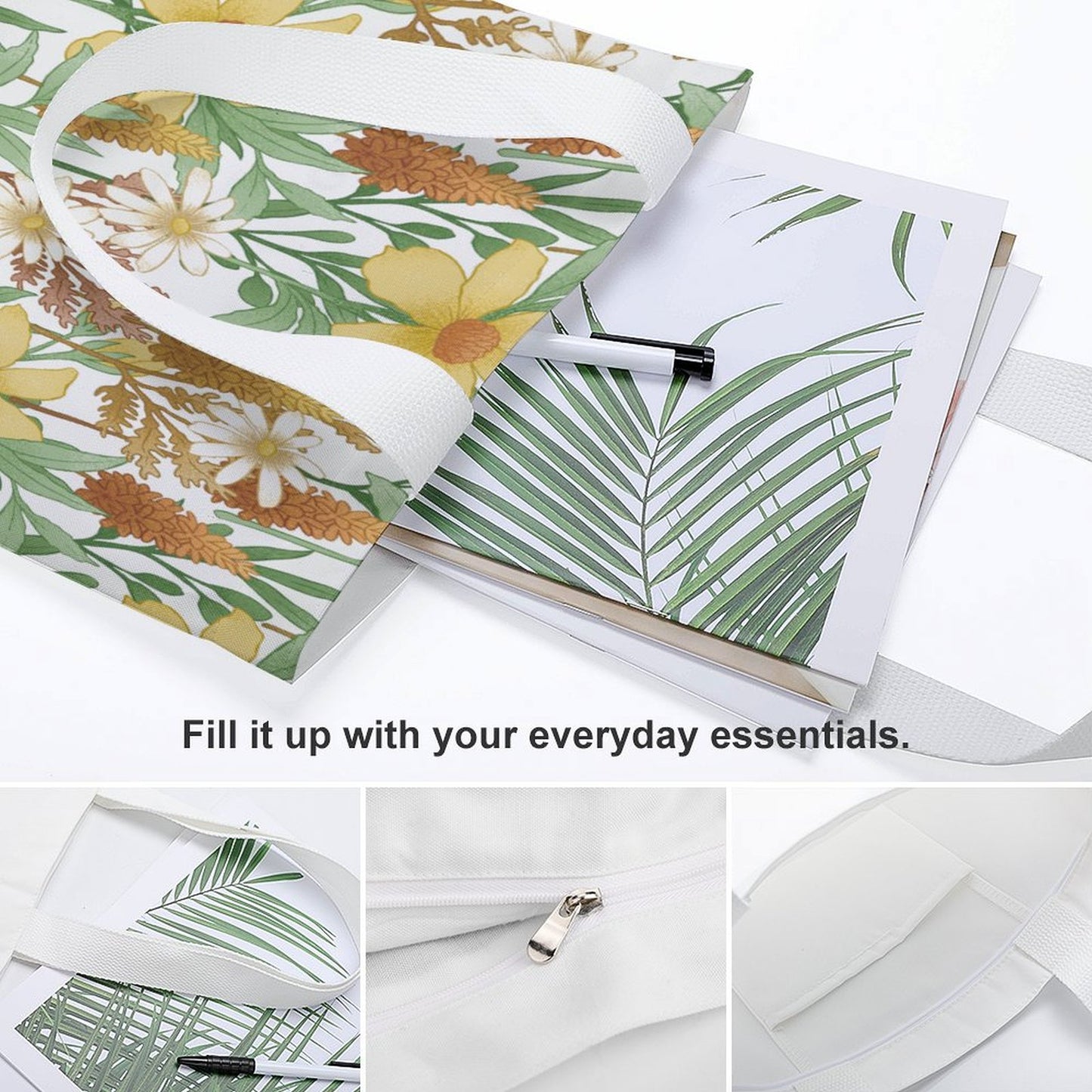 Full Print Tote Bag details: zipper closure, internal pocket, and large storage for essentials.