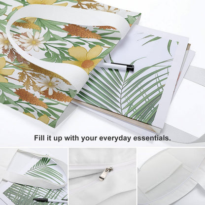 Full Print Tote Bag details: zipper closure, internal pocket, and large storage for essentials.