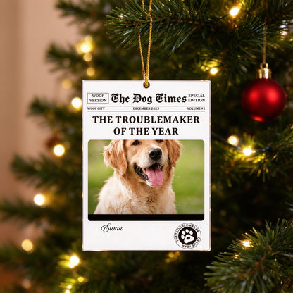 Personalized Dog Photo Christmas Ornament, Custom Pet Newspaper Keepsake - Christmas tree or lifestyle scene