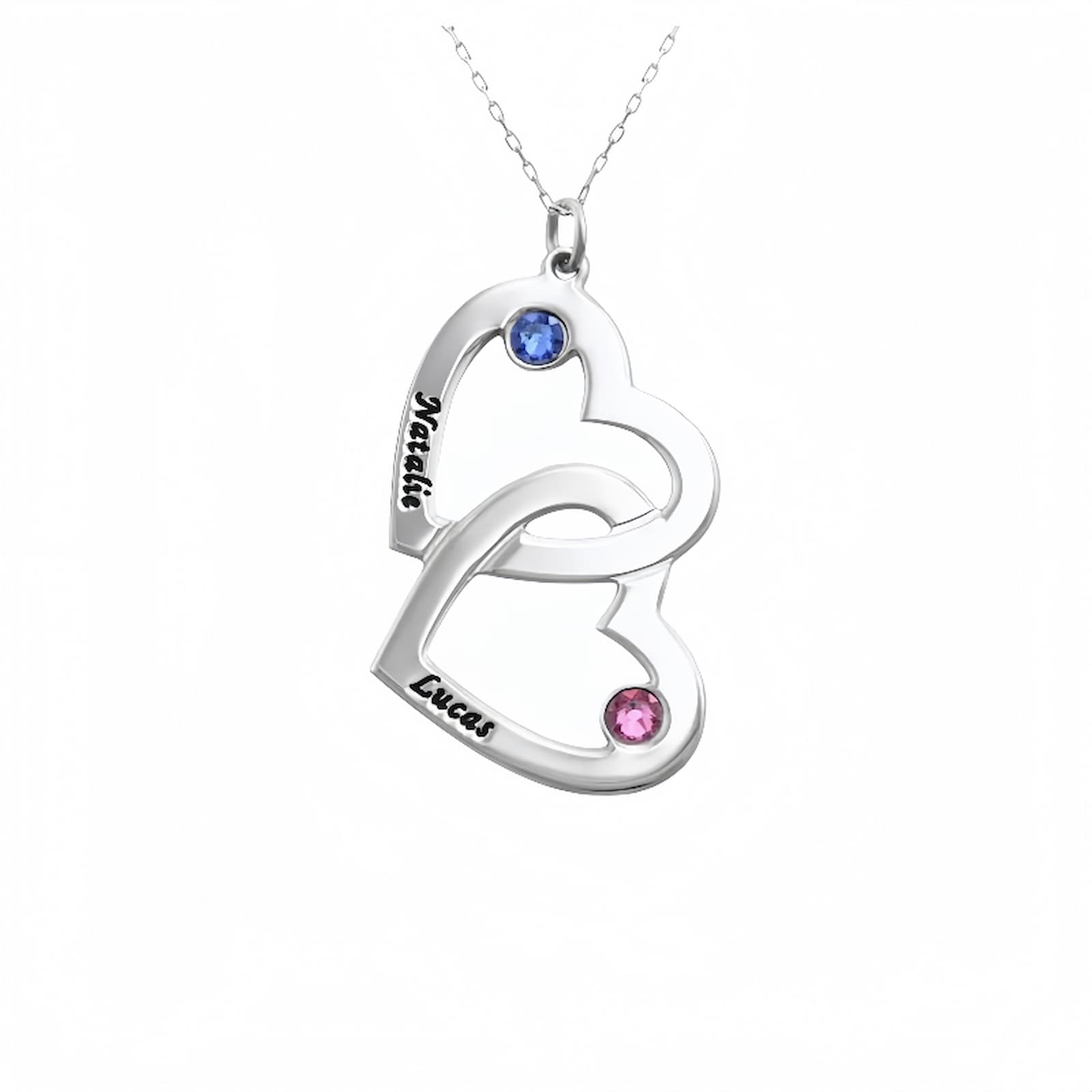 Best gift for Mom: Personalized necklace with two children's names and their corresponding birthstones, in an elegant heart design.