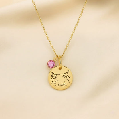 Gold birthstone pet name necklace with pink stone, personalized gift for women.